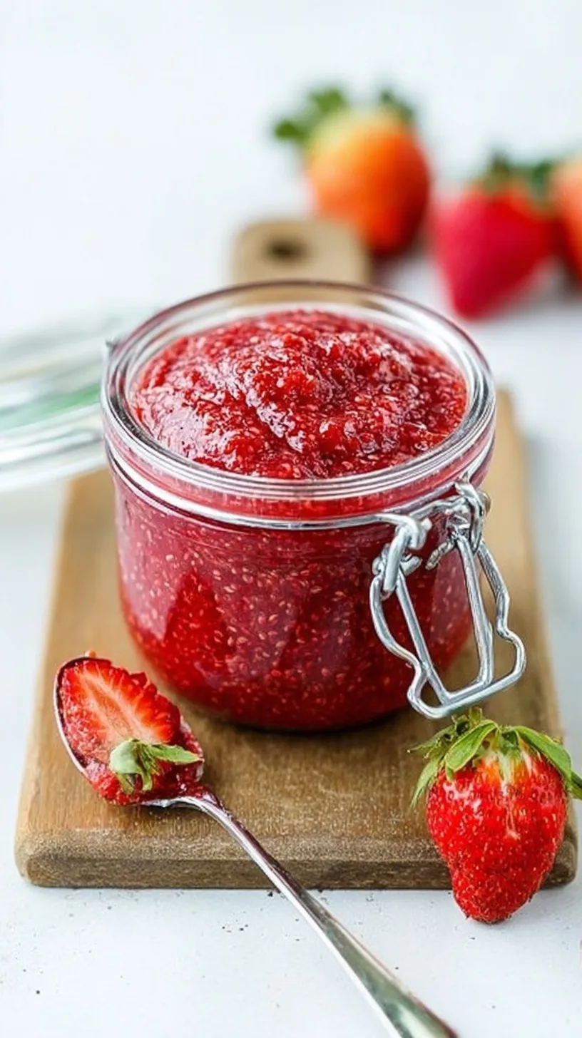 A glass jar filled with vibrant red strawberry chia jam on a bright kitchen counter