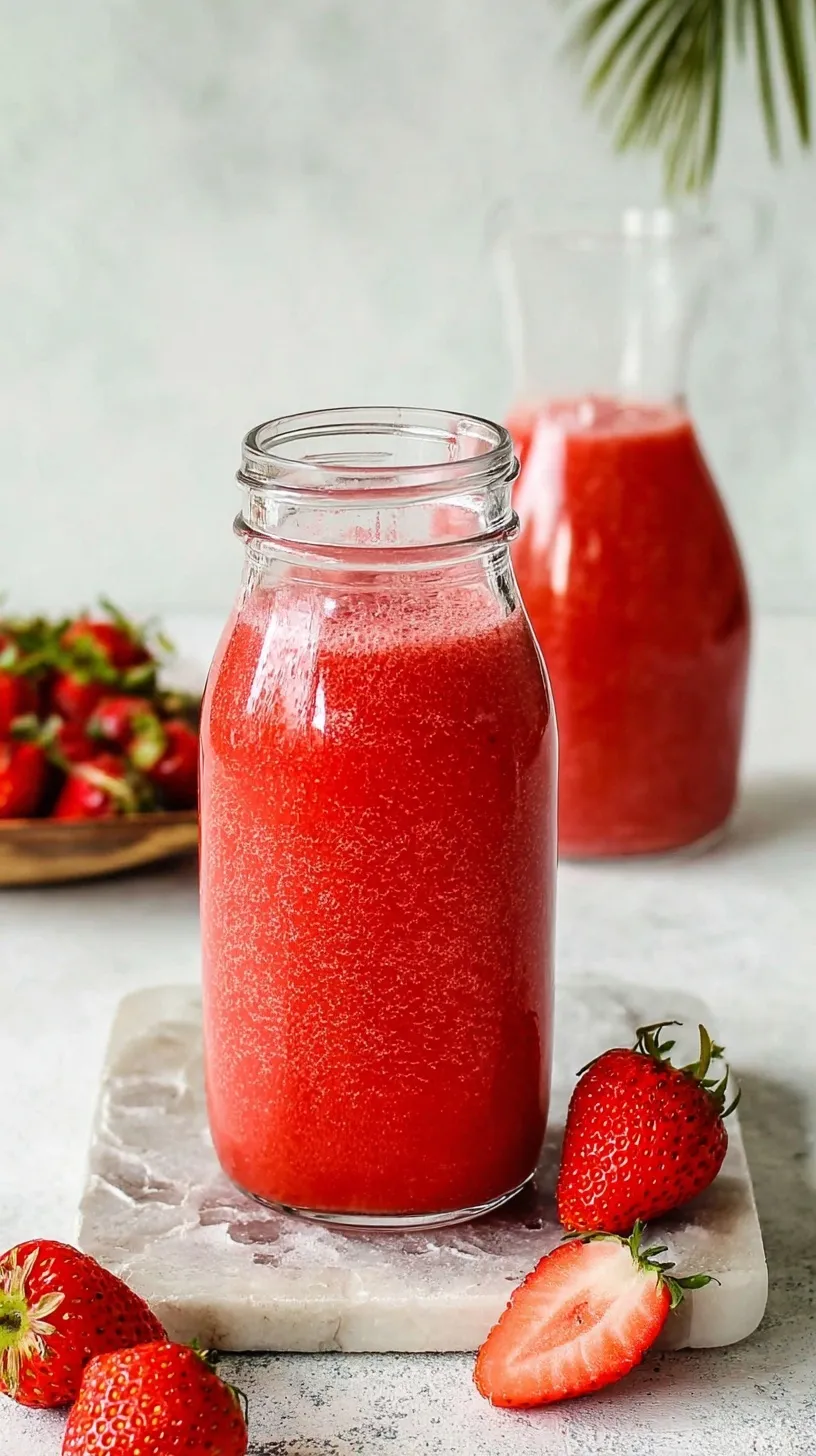 A tall glass of vibrant red strawberry juice with ice and a fresh garnish