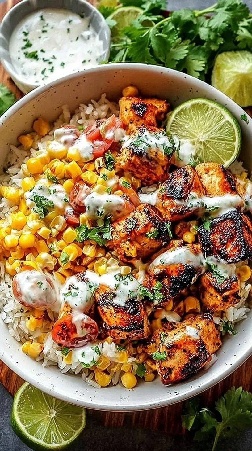 A vibrant street corn chicken rice bowl topped with cotija cheese, jalapeños, and creamy lime dressing.