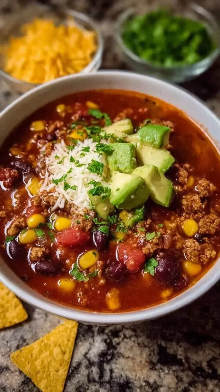 A steaming bowl of taco soup topped with shredded cheese and fresh cilantro