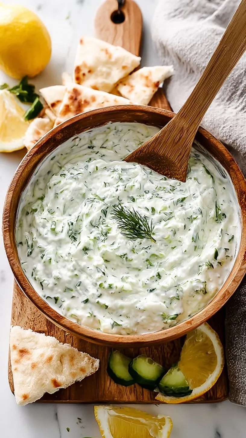 A bowl of creamy tzatziki sauce topped with fresh dill and a drizzle of olive oil