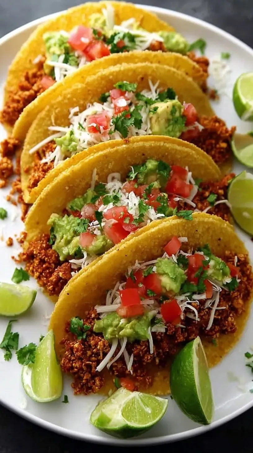 Golden brown crispy shredded tofu taco meat served in corn tortillas with fresh cabbage and lime.