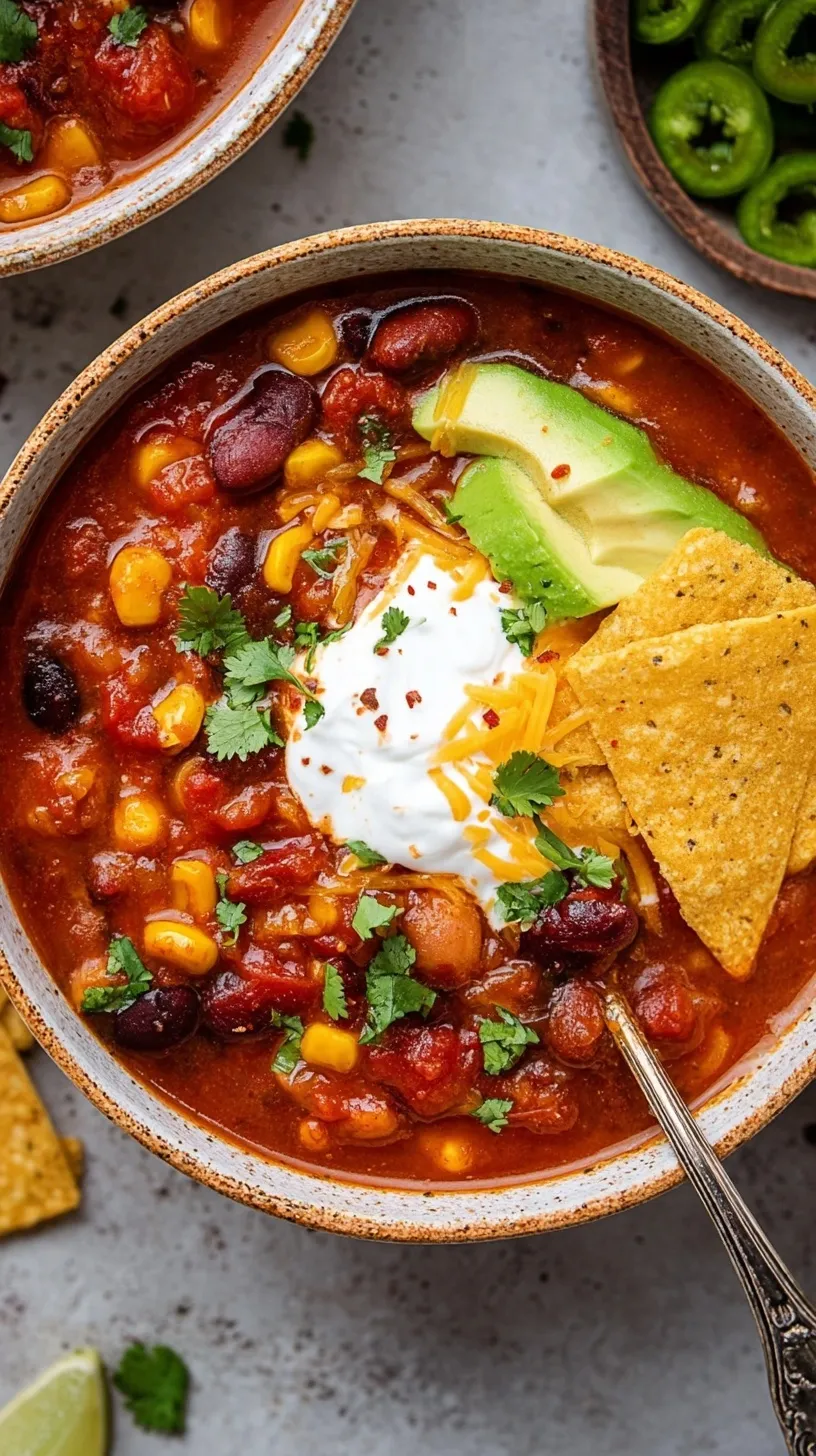 A steaming bowl of vegetarian chili topped with fresh cilantro and avocado slices