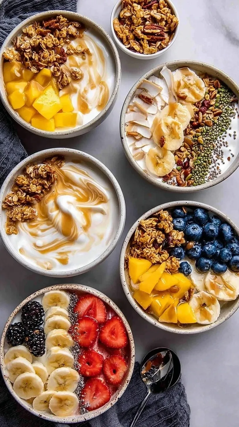 Four different healthy yogurt bowls with various fruit and granola toppings on a light background