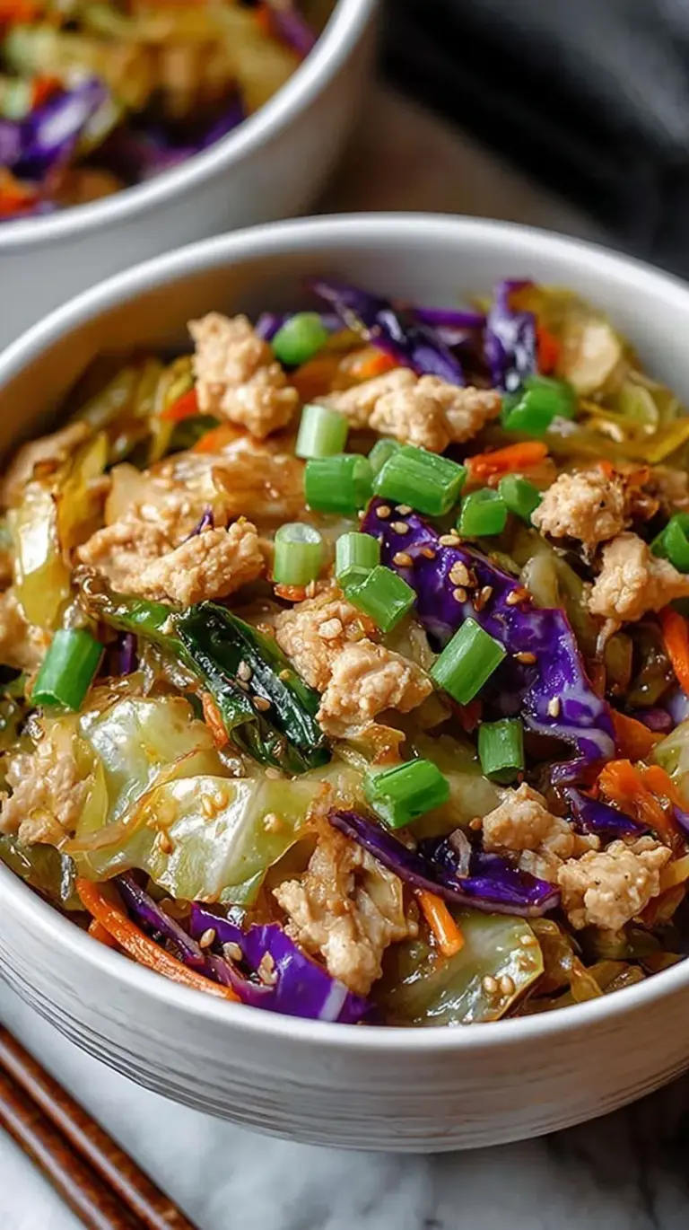 A vibrant chicken egg roll bowl with shredded cabbage, green onions, and sesame seeds in a dark ceramic bowl.