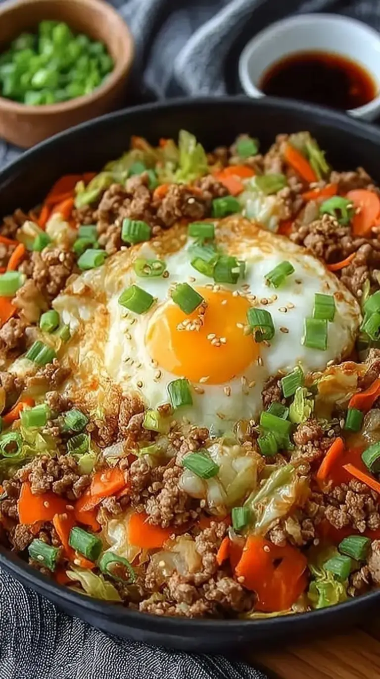 A colorful bowl of keto egg roll in a bowl topped with green onions and sriracha