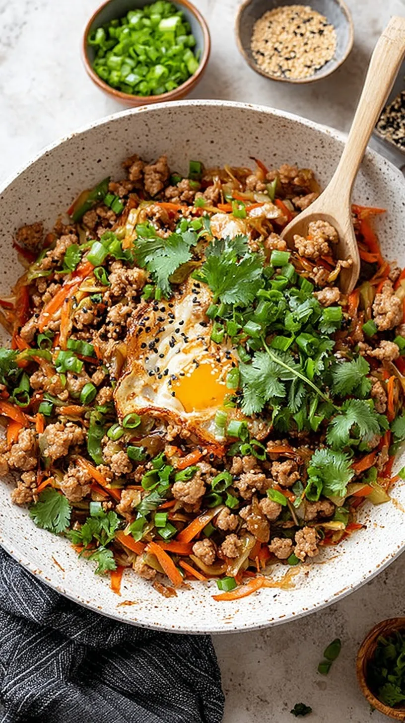 A savory bowl of ground pork and shredded cabbage garnish with green onions and sriracha.