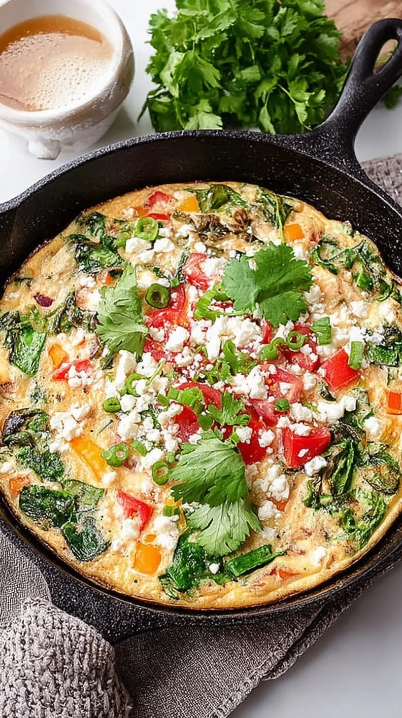 A fresh egg white frittata in a skillet with spinach, cherry tomatoes, and feta cheese.