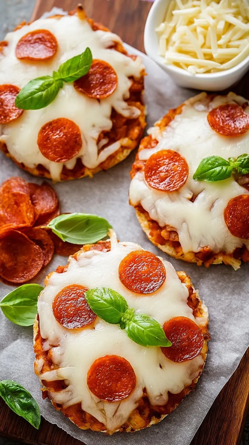 Crispy English muffin pizzas topped with melted mozzarella and mini pepperoni on a baking sheet