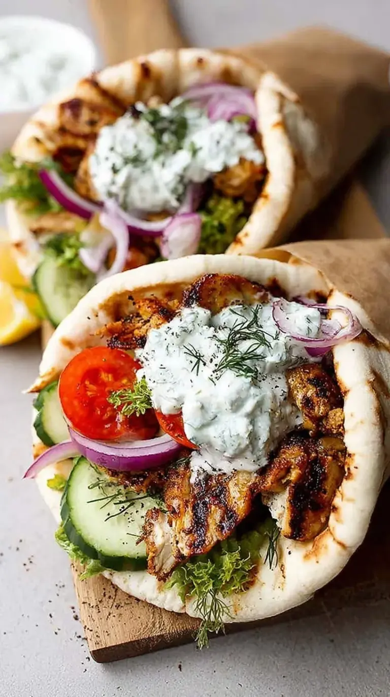 Vegan gyros with seitan and creamy tzatziki in warm pita bread
