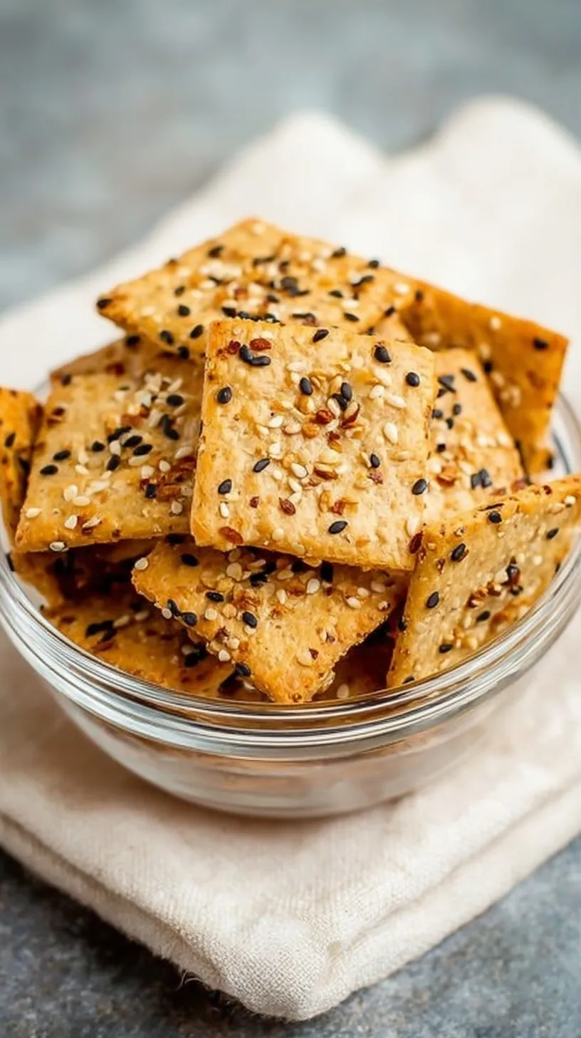 Homemade everything bagel crackers arranged on a wooden board with a side of hummus