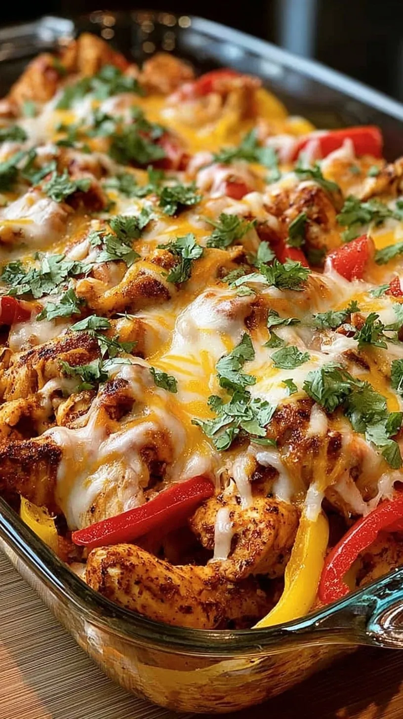 A golden Fajita Chicken Casserole Bake with melted cheese and fresh cilantro in a glass baking dish.