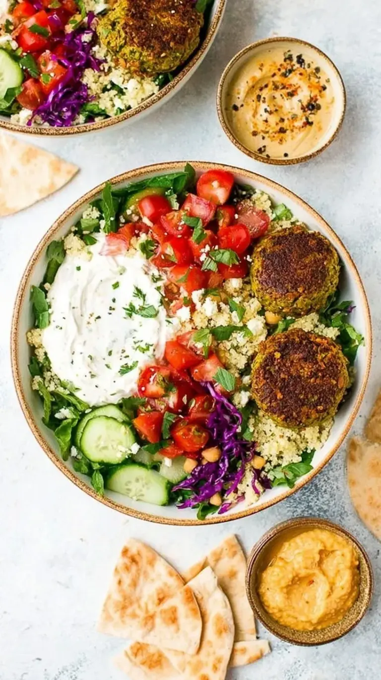 A vibrant Mediterranean falafel bowl with rice, hummus, and fresh vegetables