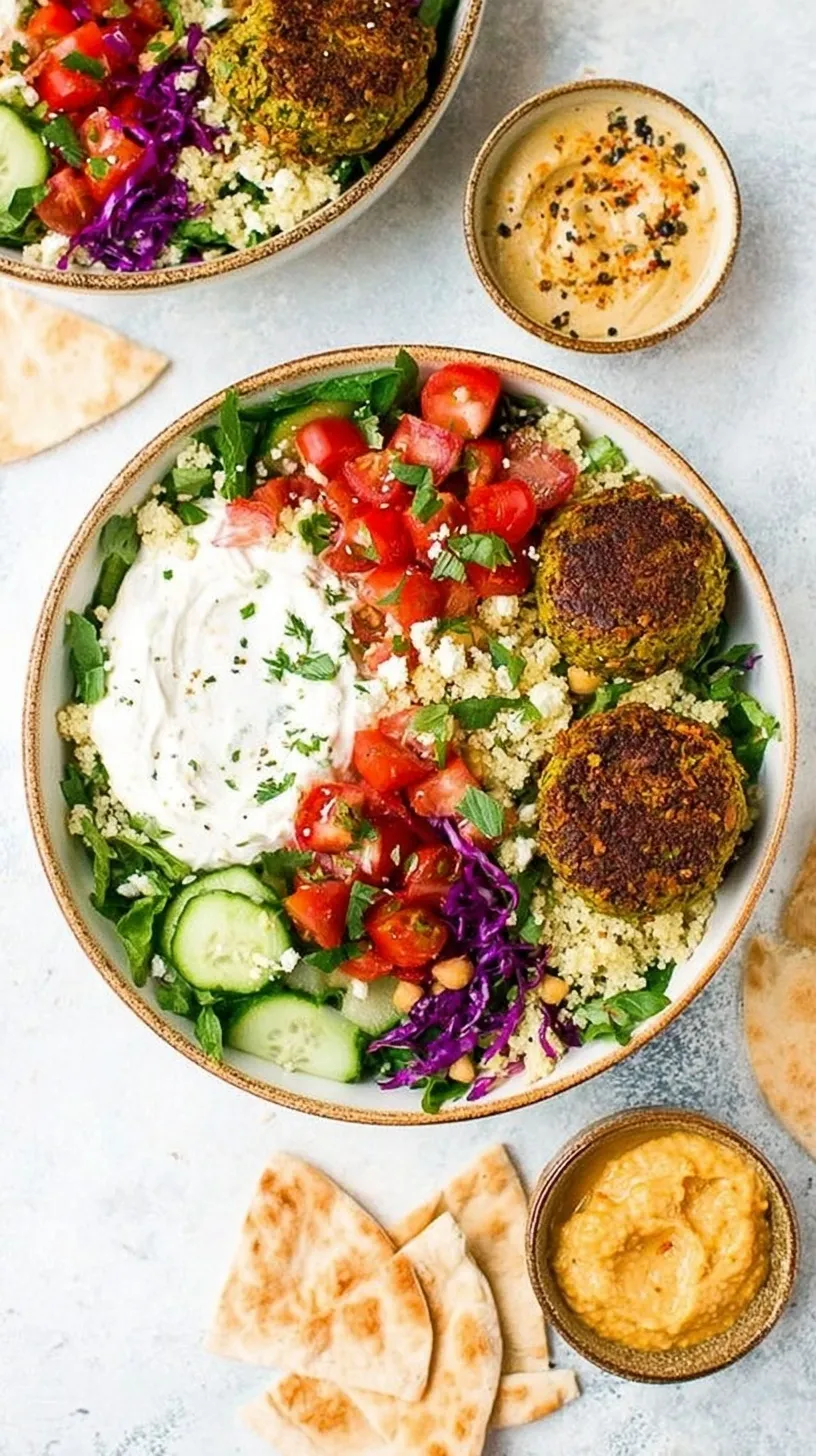 A vibrant Mediterranean falafel bowl with rice, hummus, and fresh vegetables