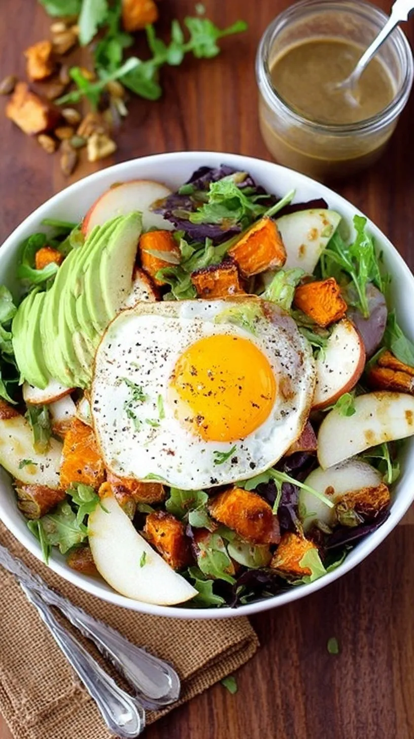 A vibrant bowl containing roasted sweet potatoes, massaged kale, sliced apples, and soft-boiled eggs with tahini drizzle.