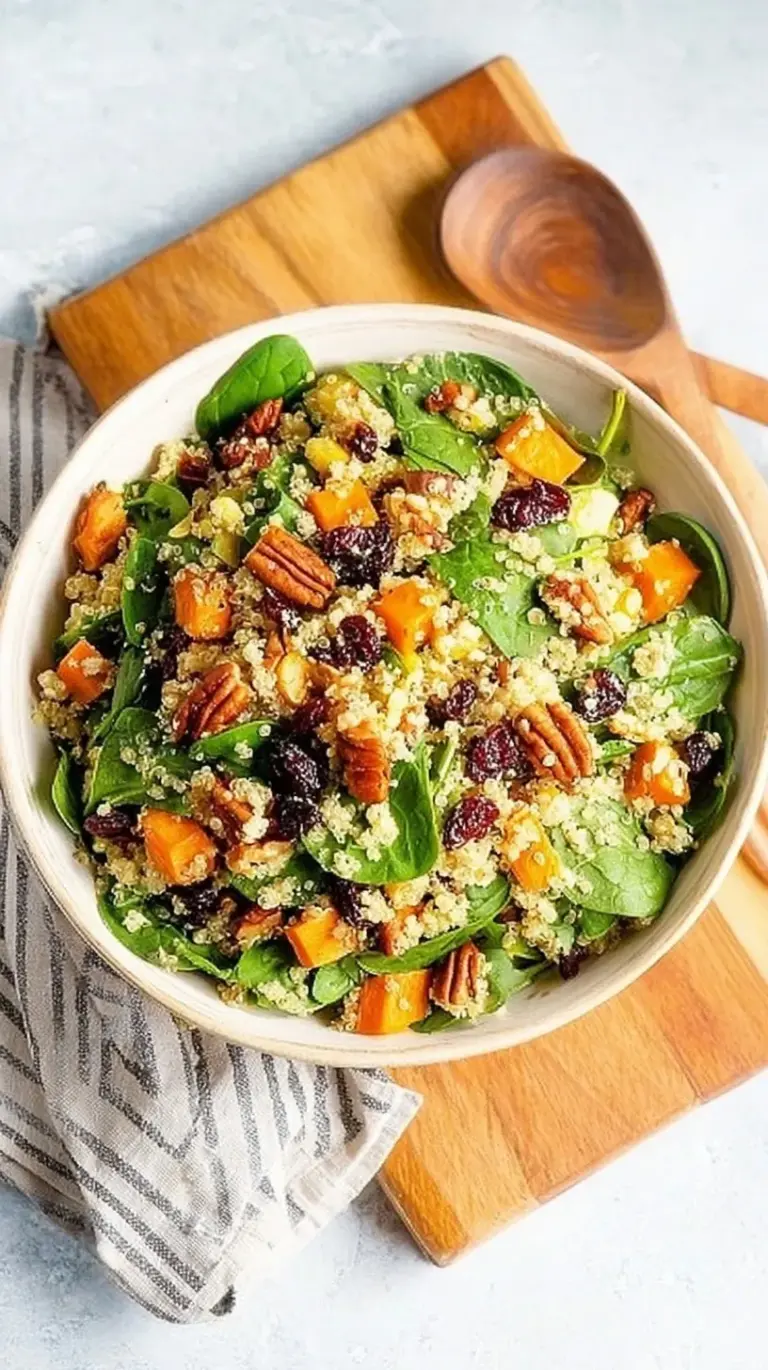 A large bowl of fall quinoa spinach salad with roasted butternut squash, dried cranberries, and feta cheese