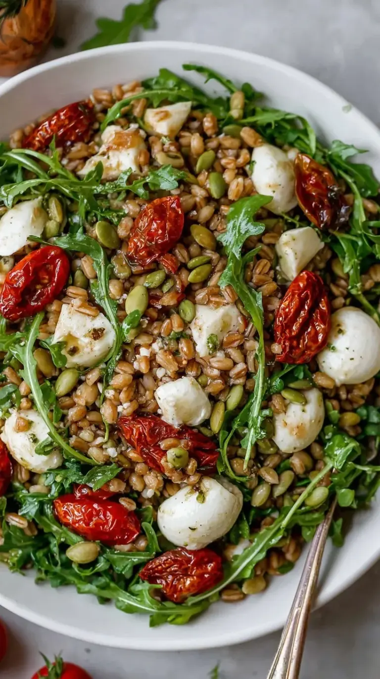 A bright bowl of Mediterranean Farro Salad with cherry tomatoes, cucumbers, and feta cheese.