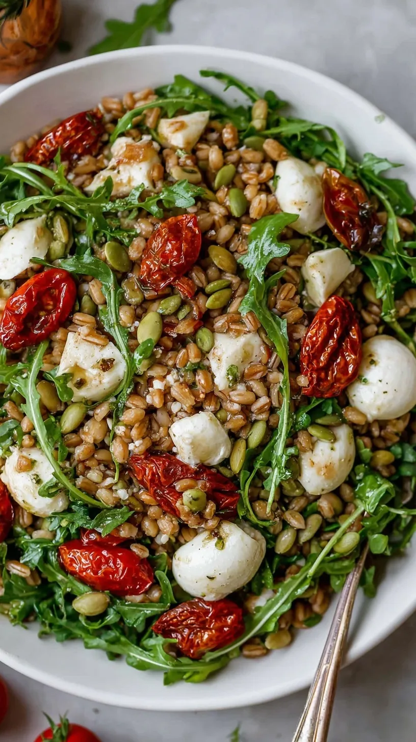 A bright bowl of Mediterranean Farro Salad with cherry tomatoes, cucumbers, and feta cheese.