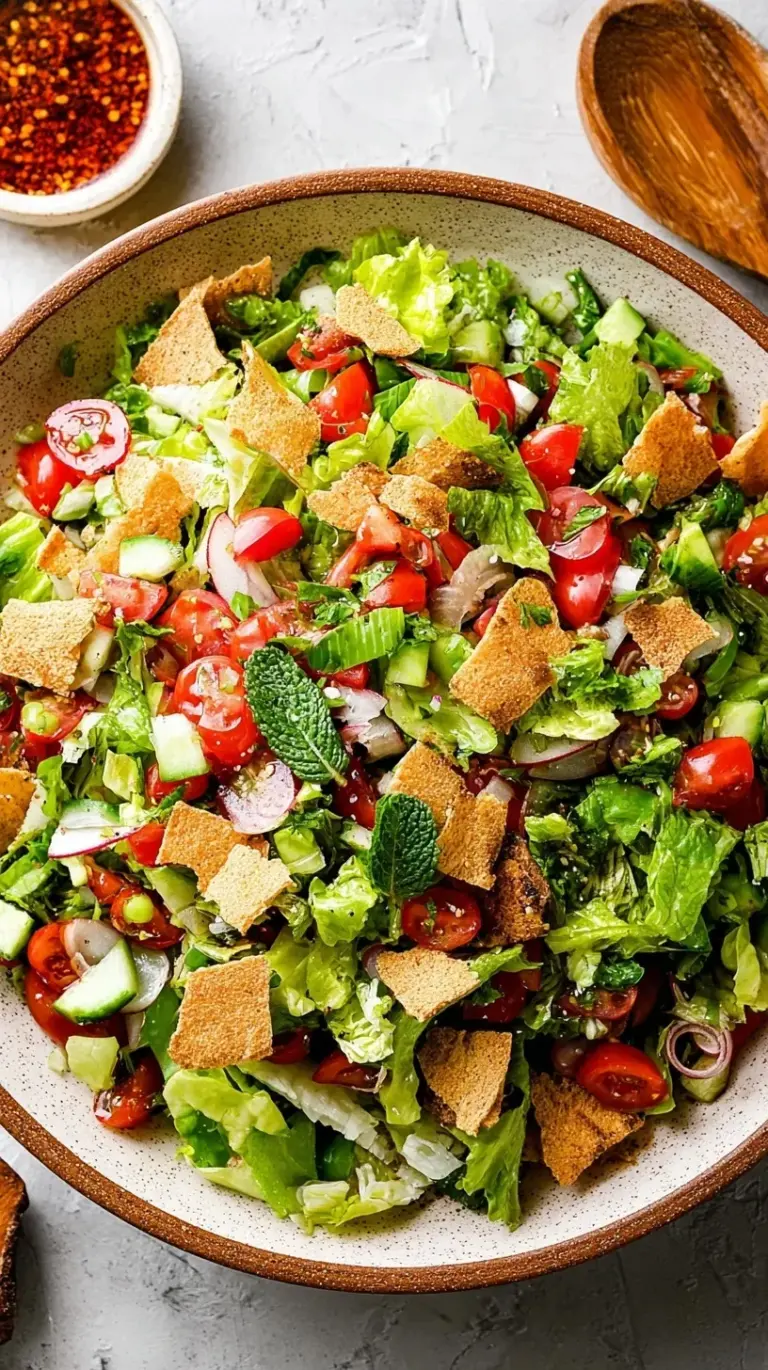 A vibrant Fattoush salad in a ceramic bowl with toasted pita chips, sliced radishes, and fresh mint leaves.