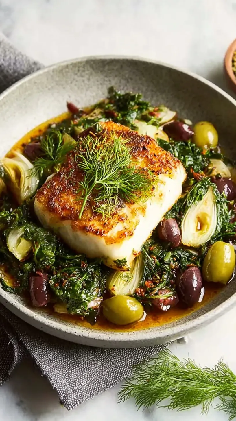 Golden seared white fish fillets served over a bed of shaved fennel and black olives