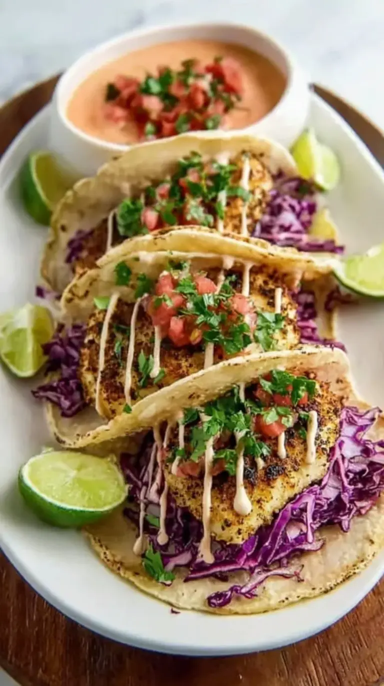 A plate of fresh Baja-style fish tacos with white fish, purple cabbage slaw, and a drizzle of creamy cilantro-lime sauce.