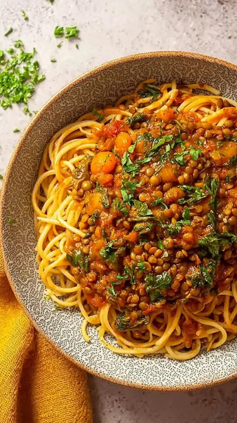 A bowl of hearty lentil bolognese served over whole-wheat pasta with fresh basil garnish.