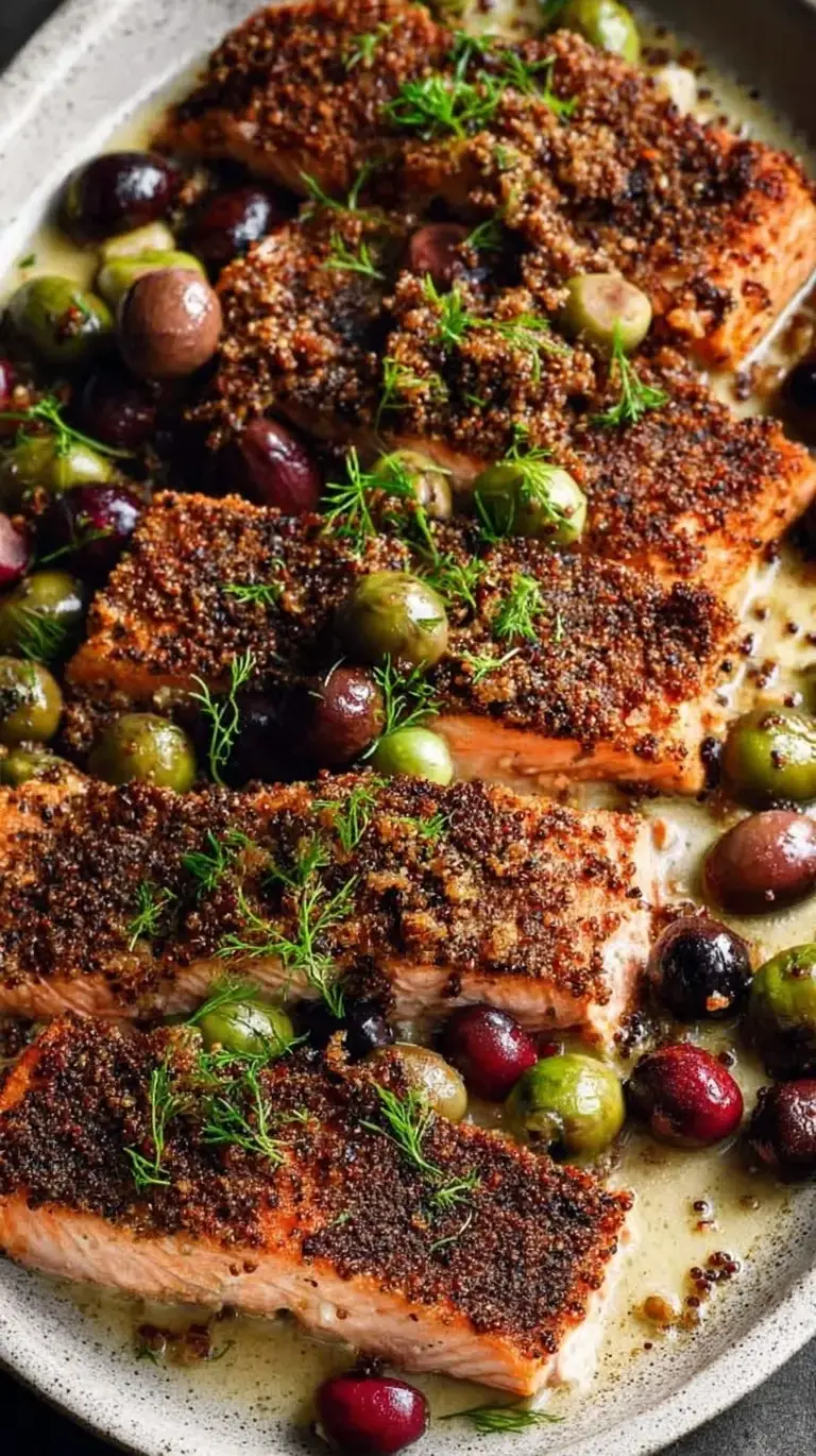 Flaxseed-crusted salmon fillets on a baking sheet with lemon zest and fresh herbs.