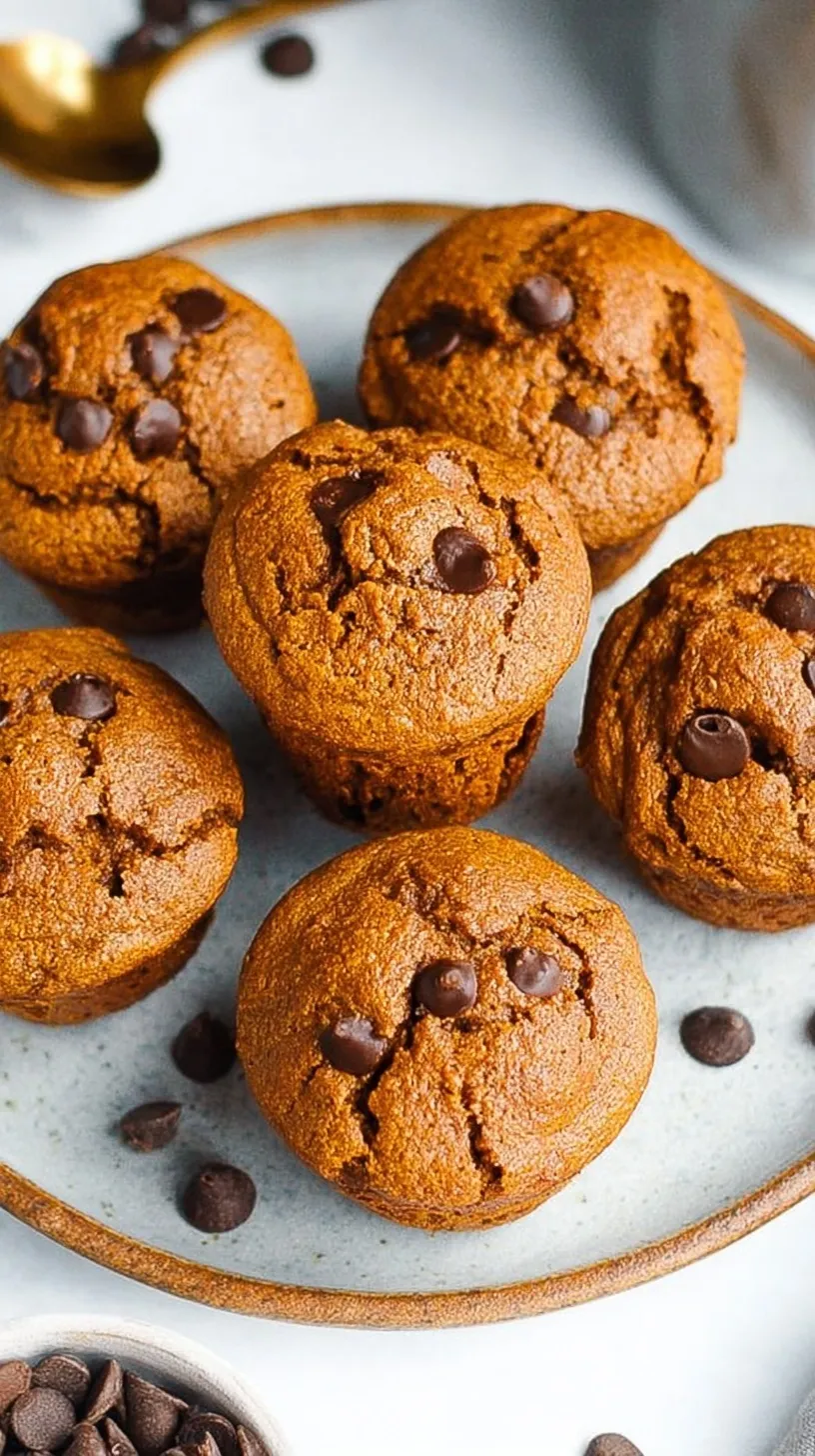 A stack of moist flourless pumpkin muffins with melted dark chocolate chips on a wire cooling rack.