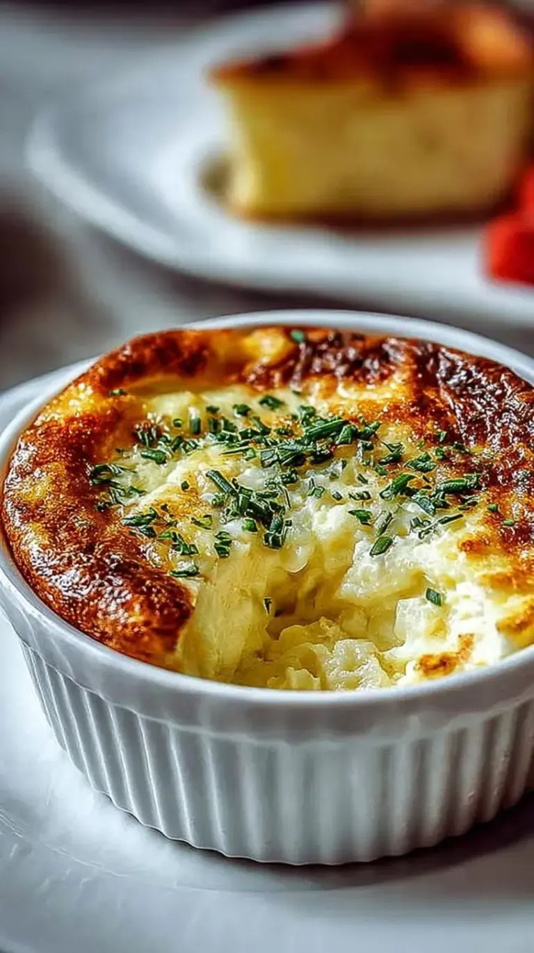 Golden brown fluffy baked eggs in a ceramic dish garnished with fresh green chives