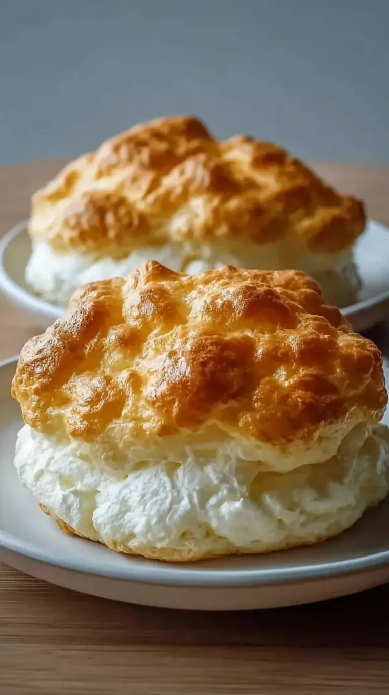 Six golden brown rounds of fluffy cottage cheese cloud bread on a parchment-lined baking sheet.
