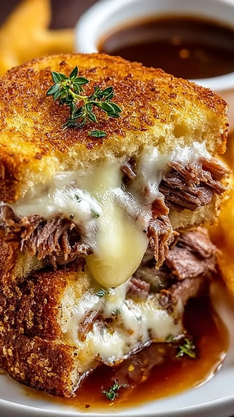 A golden brown French Dip Grilled Cheese sandwich sliced diagonally with a small bowl of beef au jus for dipping.
