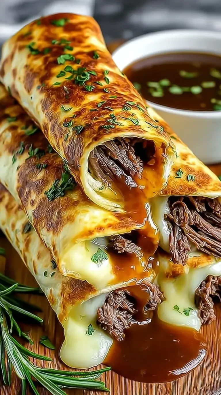Golden sliced French Dip roll ups on a platter with a small bowl of beef au jus for dipping.