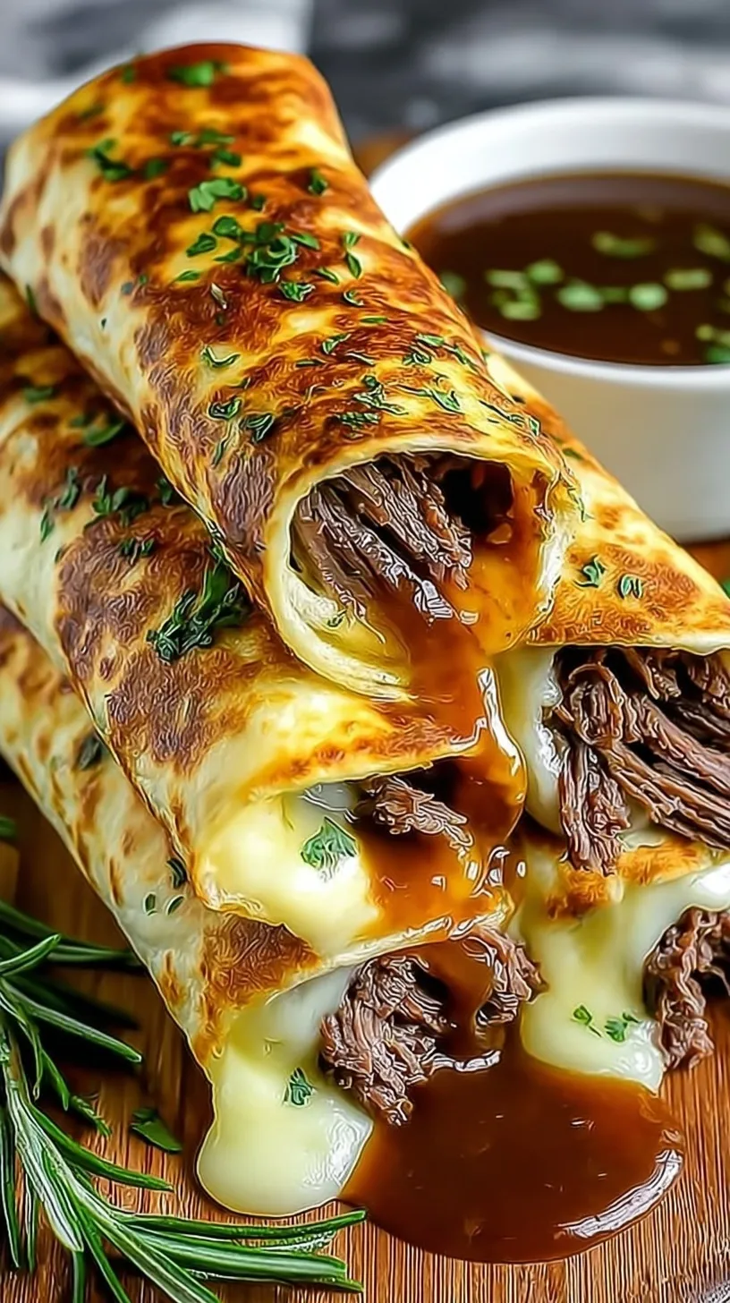 Golden sliced French Dip roll ups on a platter with a small bowl of beef au jus for dipping.