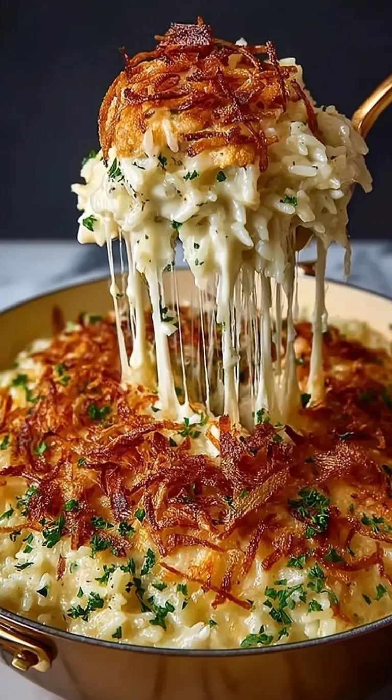 A 9x13 baking dish filled with golden brown French Onion Chicken Rice Bake topped with melted Gruyere cheese and fresh thyme.