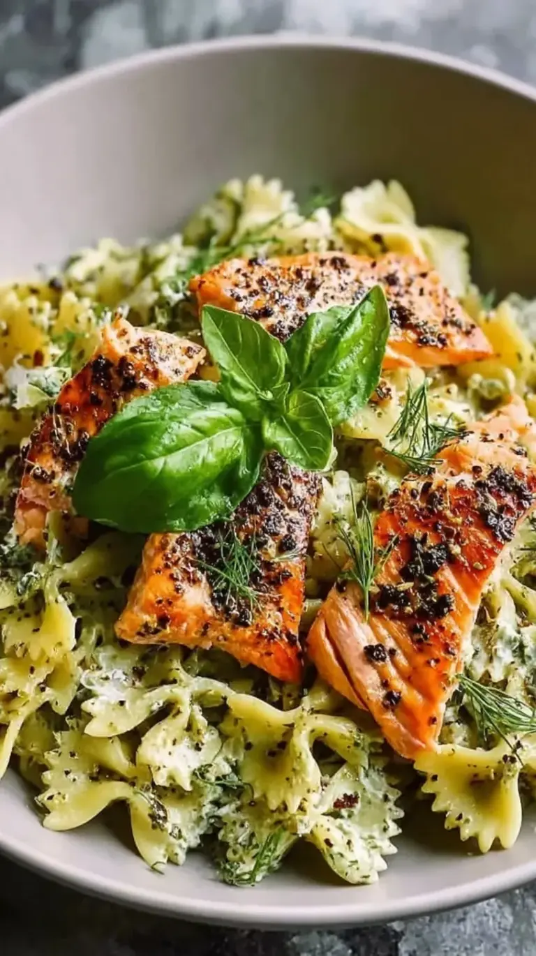 A close up of creamy pesto pasta with golden seared salmon cubes and fresh basil leaves in a white bowl.