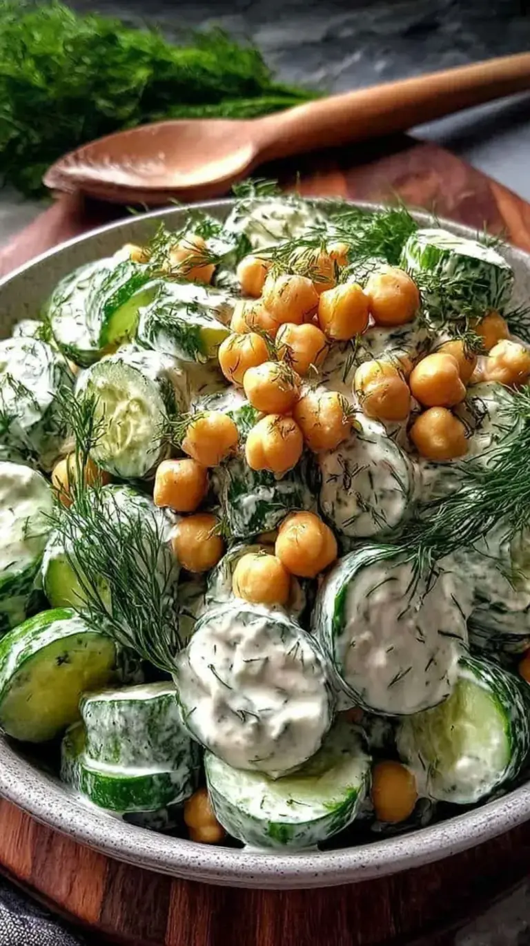 A bright bowl of vegan chickpea salad with cucumbers, tomatoes, and creamy dill dressing.