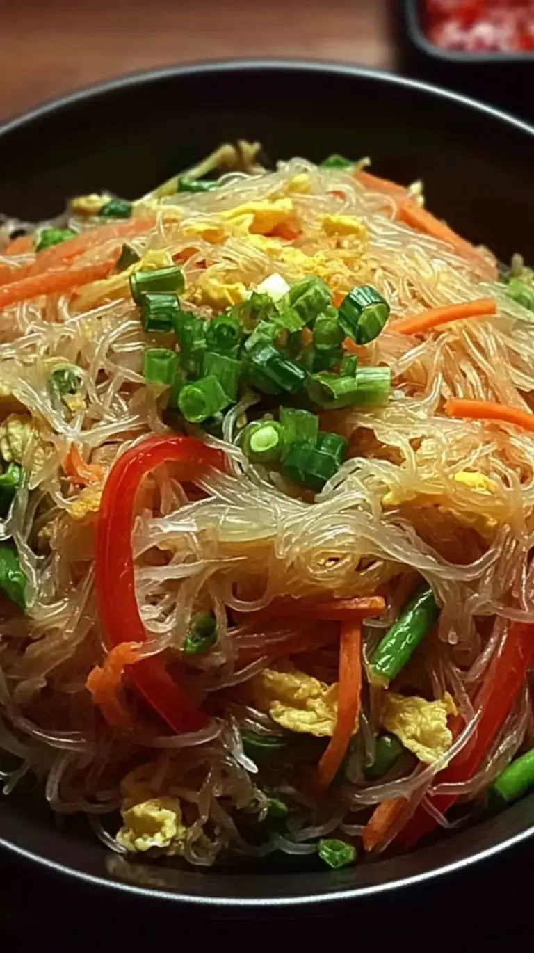 A steaming bowl of wide flat stir-fried rice noodles with chicken, bok choy, and green onions.