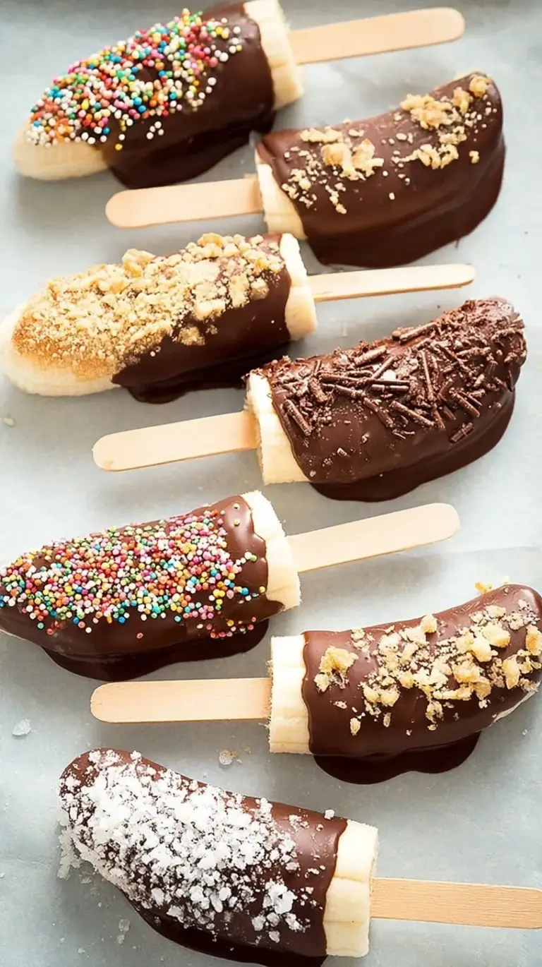 Frozen chocolate covered bananas on popsicle sticks with crushed peanuts on a parchment-lined tray