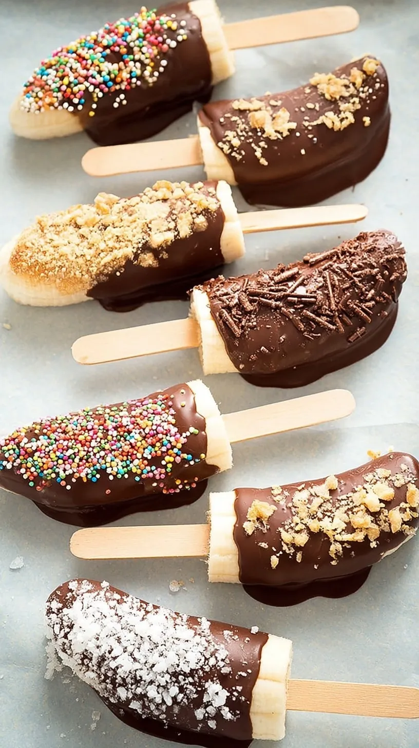 Frozen chocolate covered bananas on popsicle sticks with crushed peanuts on a parchment-lined tray
