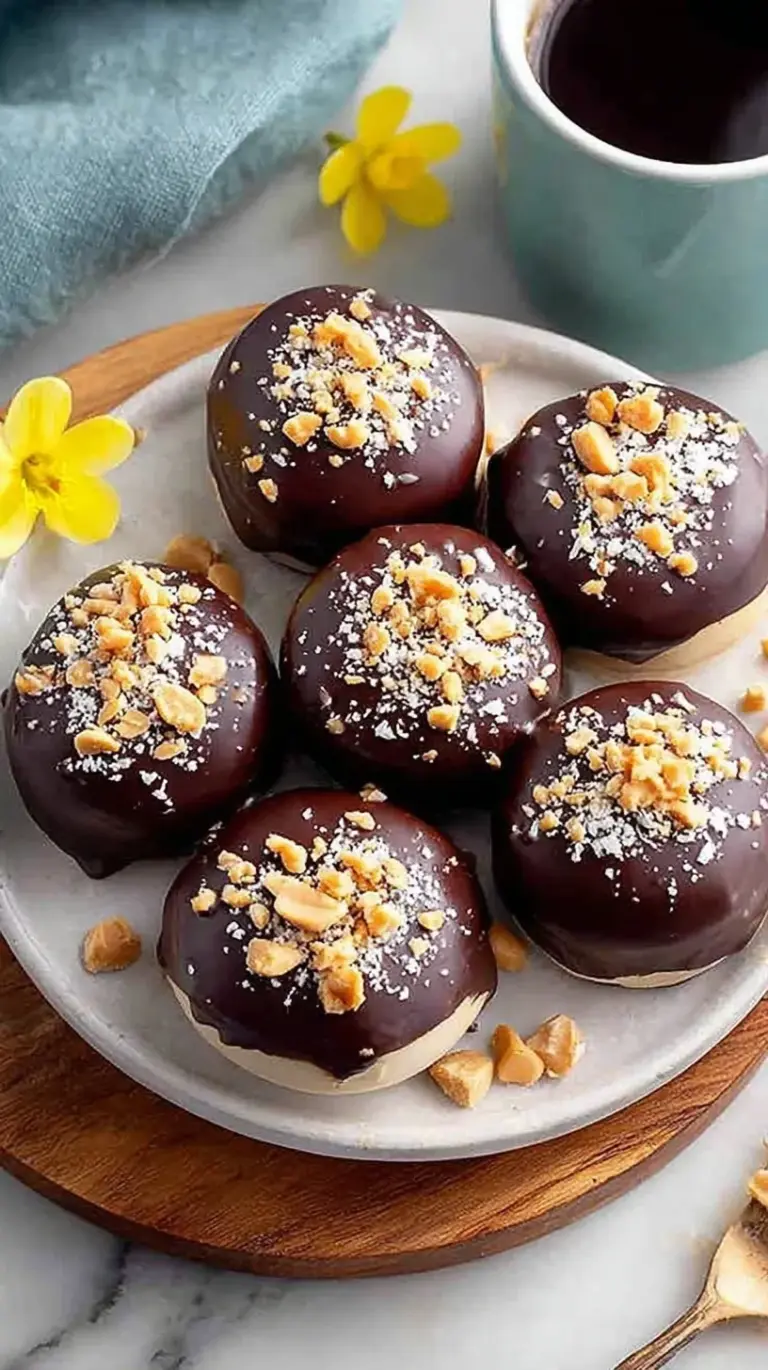 A tray of frozen peanut butter and Greek yogurt bites topped with mini chocolate chips on parchment paper.