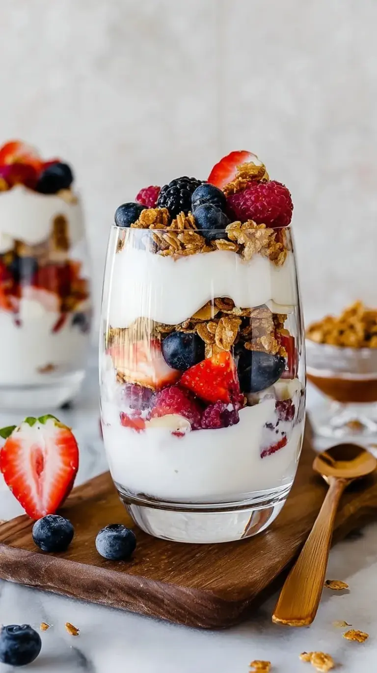 A layered fruit and yogurt parfait in a glass jar with fresh strawberries, blueberries, and granola