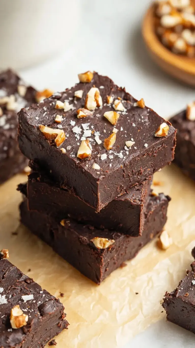 A stack of moist, fudgy black bean brownies topped with chocolate chips on a wooden board.