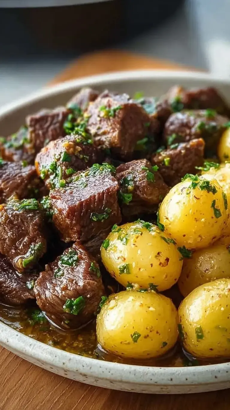 Sizzling skillet of seared beef cubes and golden potato chunks coated in garlic butter and fresh parsley