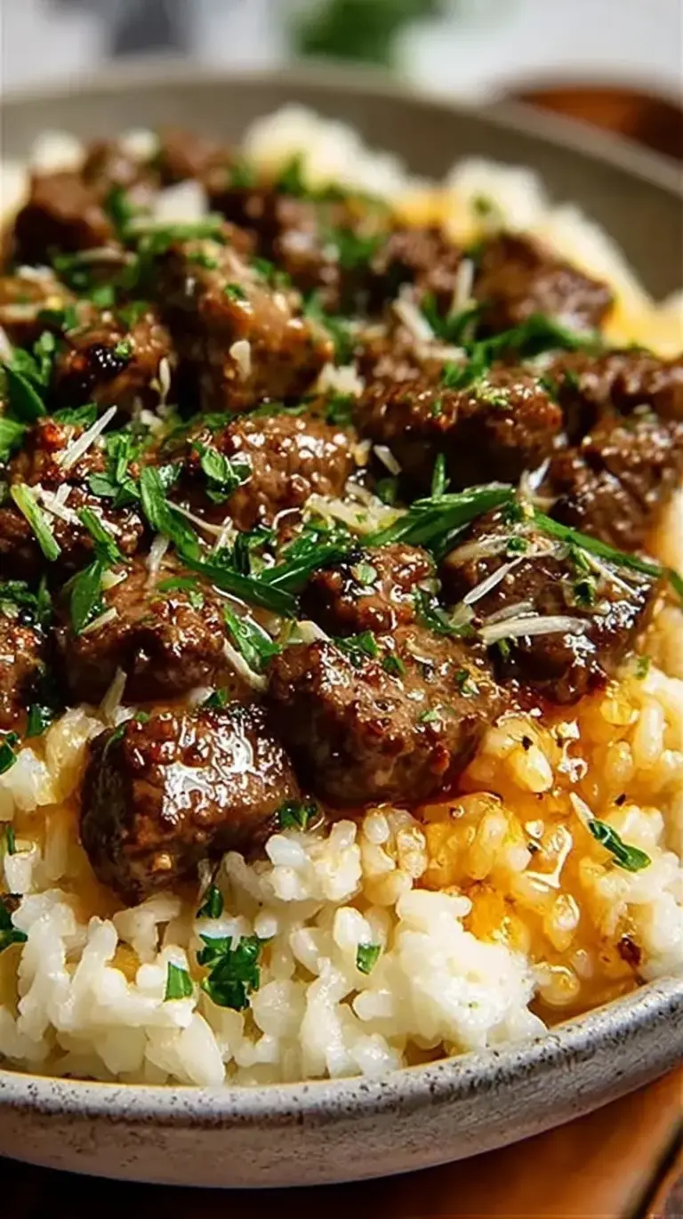A steaming bowl of garlic butter beef rice garnished with fresh green onions