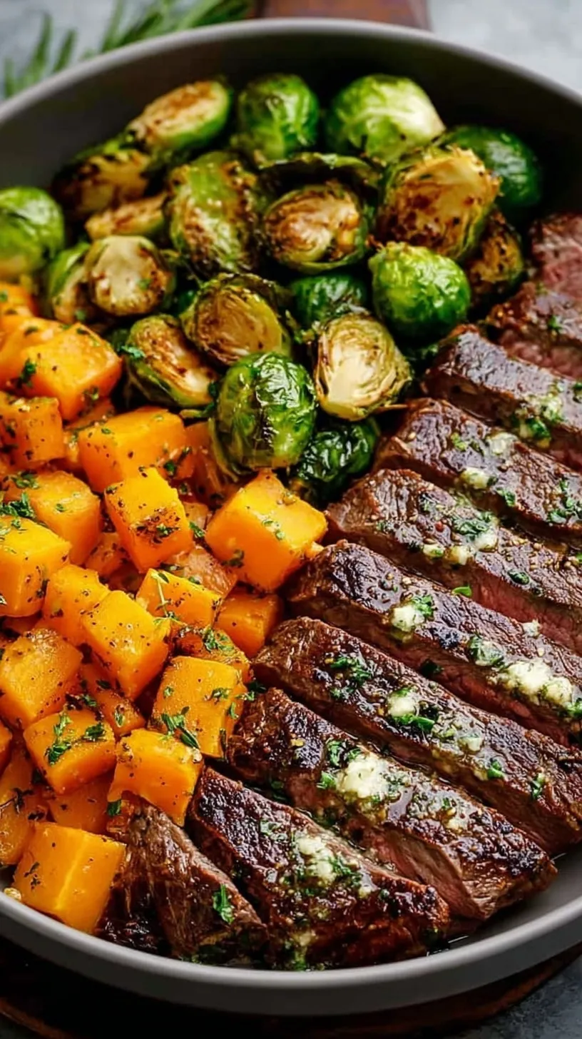Pan-seared garlic butter steak with roasted butternut squash and Brussels sprouts on a plate.