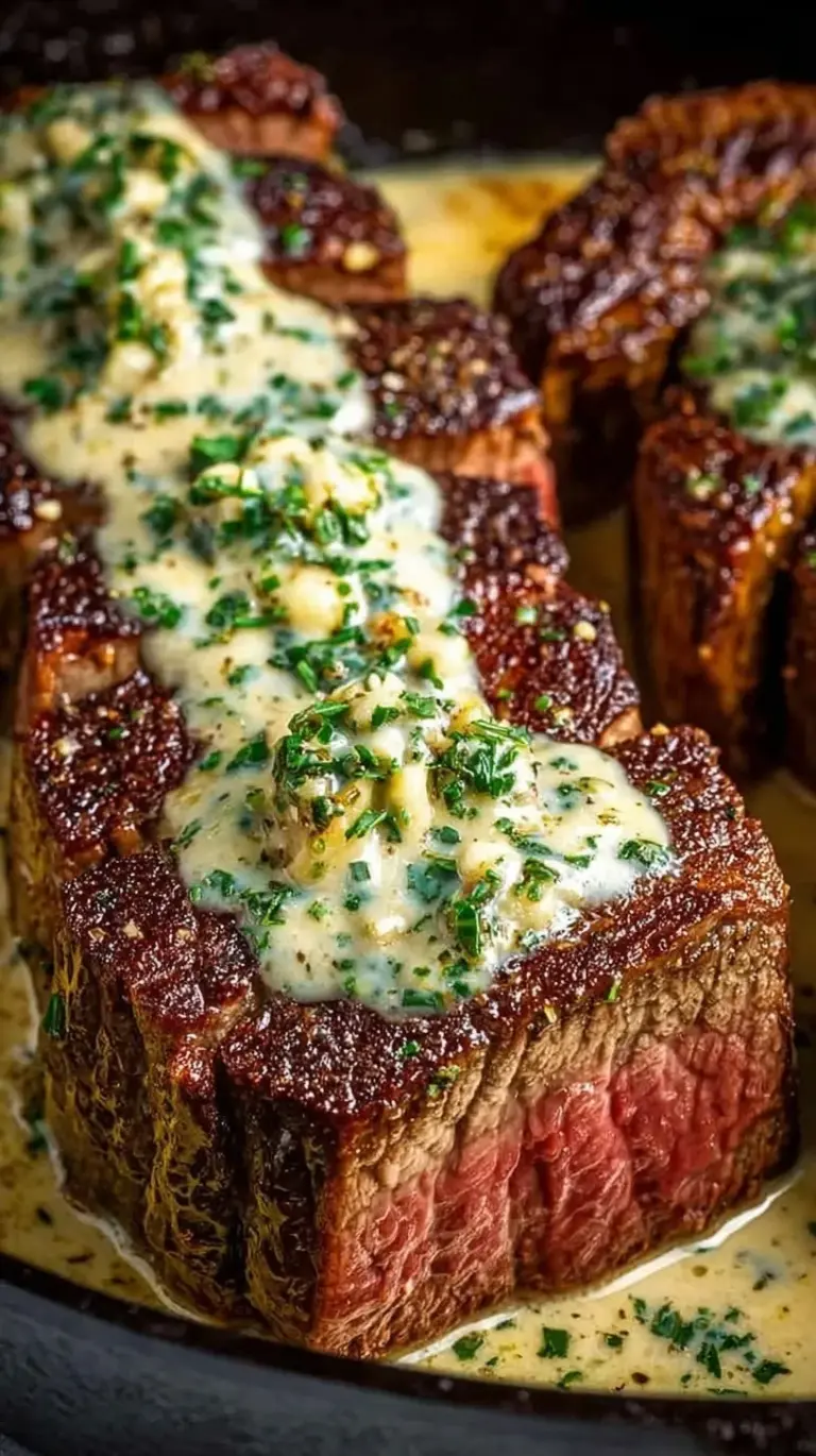 Pan-seared garlic butter steak topped with a rich white parmesan cream sauce and fresh parsley.
