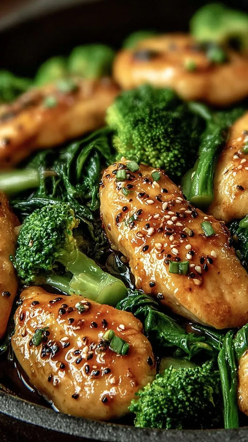 A vibrant skillet of garlic chicken stir fry with bright green broccoli and wilted baby spinach.