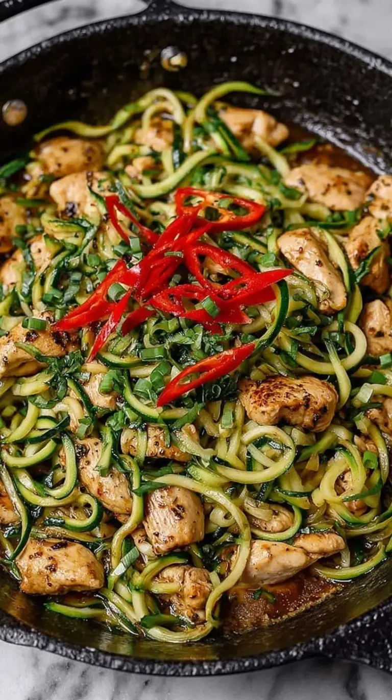A close up shot of garlic chicken zucchini noodles in a black skillet garnished with sesame seeds