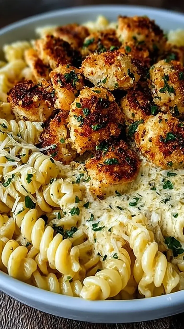 A bowl of creamy rotini pasta with golden seared chicken bites and fresh parsley