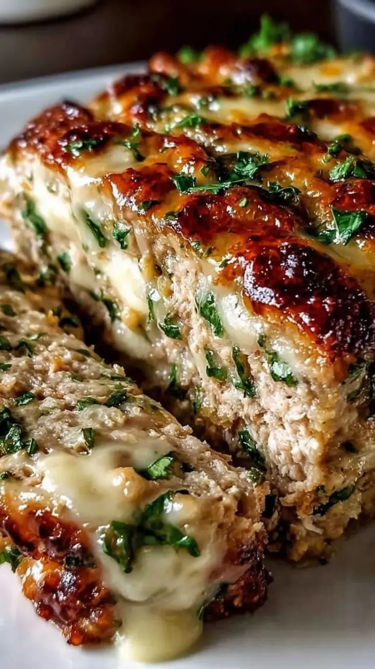 A sliced garlic parmesan chicken meatloaf served on a white platter with fresh parsley